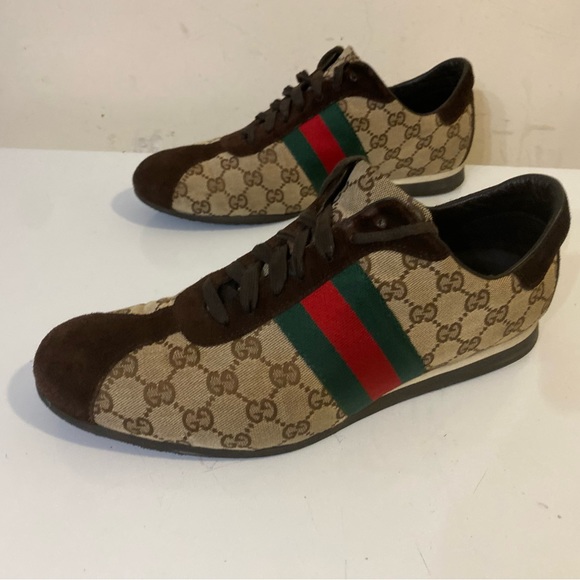 Gucci Brown/Beige Suede And GG Canvas men shoes Sneakers Sz G 10 US 11 - Picture 13 of 15